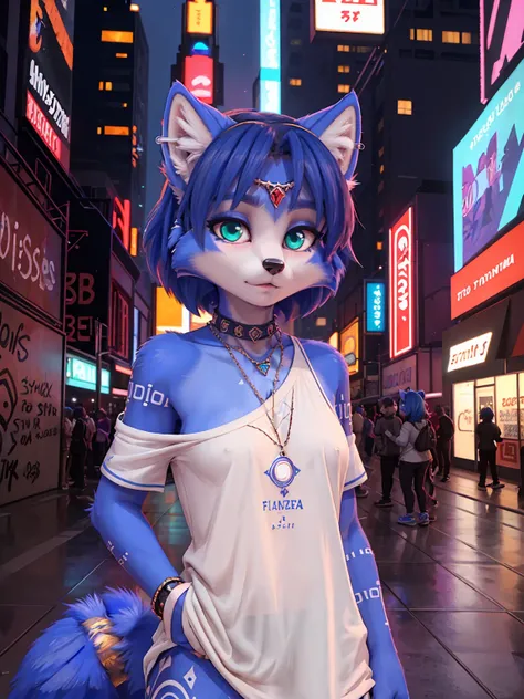 a picture of ((krystal)), Star Fox-Krystal, lovable, green eyes, ((( long blue hair 1 .3))), Decollete, anthro, Fuzzy,  detailed Fluffys fell,  detailed face , (Fluffy),  1 girl, Alone,woman, Goth, green eyes, undercut, ultra-realistic 8k cg ,  masterpiece...