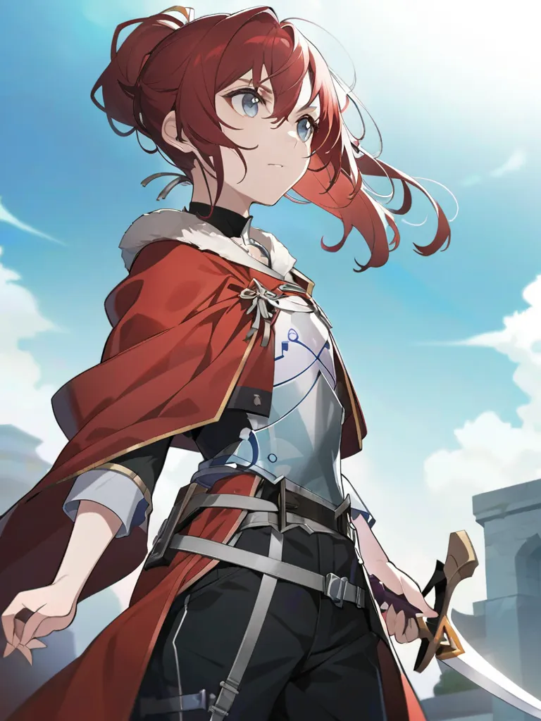 anime girl with red hair and a red cloak and holding a sword, female protagonist 👀 :8, kshat garland key art feminine,  ayaka ge...