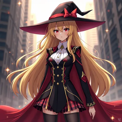 My Hero academia oc girl with long blond hair open, red eyes, Witch Hero Ouffit no sexy red, white, gold and black