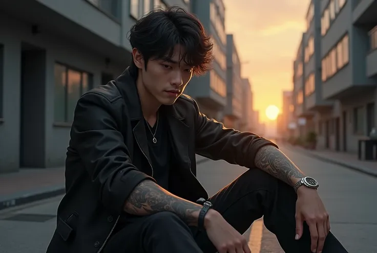 A realistic high-resolution image of a handsome young man, around 25 years old, with mixed American and Japanese heritage, dressed in stylish rocker fashion. He appears heartbroken, sitting alone in a somber urban setting during sunset, with a melancholic ...