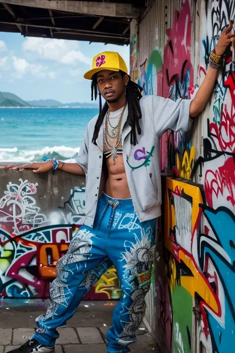 Full color drawing of  Jamaica   hip hop,  hip hop,  hip hop,  hip hop, Baggy pants, wrap ((( graffiti art ) (By Karen Griffiths))), With the sea in the background,  crazy details ,  intricate details,  hyperdetail  ,  has low contrast,  Cinematic Soft Lig...