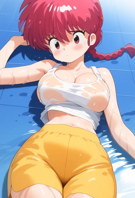  Ranma saotome , red hair, braided hair, Big boobs, NSFW, white tank top, deep cleavage, Pecho enorme, redondo, inflated and overfilled,  wide hips, abdomen sexy,  wet, on the floor, transparent shirt, wet hair, blush,  sad, shame, yellow shorts