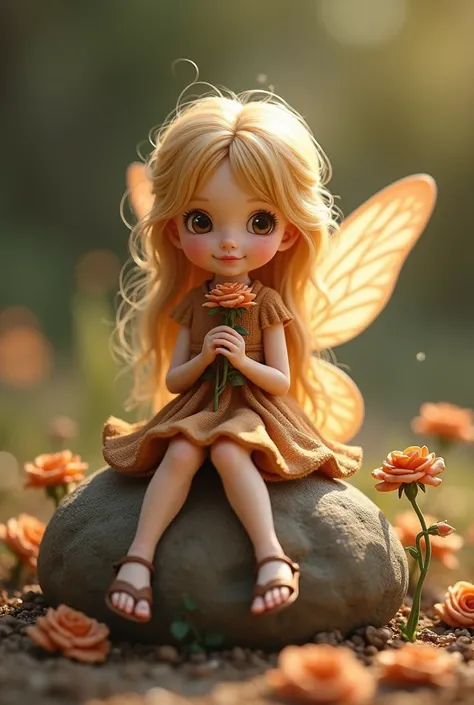 Blonde fairy in brown dress and a bouquet of cute cartoon brown roses sitting on a rock with brown roses around her and sandal on her feet 