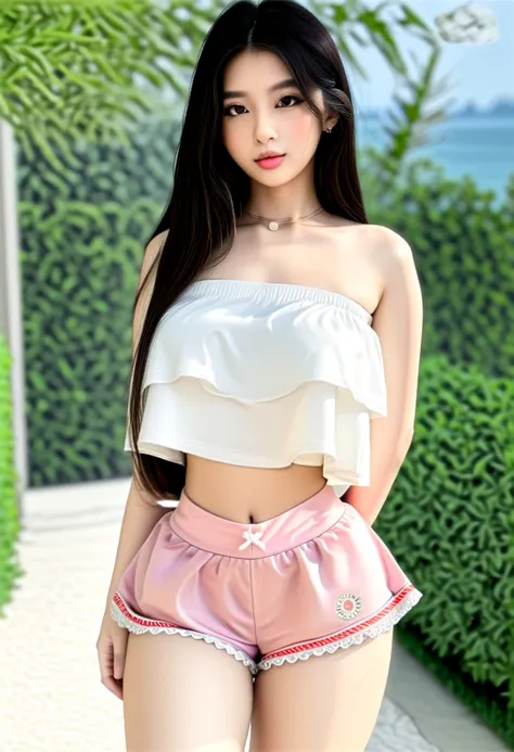 ((best resolution)), work of art, ((high quality:1.2)), 8k, extremely detailed, ((high detail:1.2), Solo, Korean Ulzzang female, (mini-shorts, strapless cropped top), (Beautiful and perfect face:1.23),