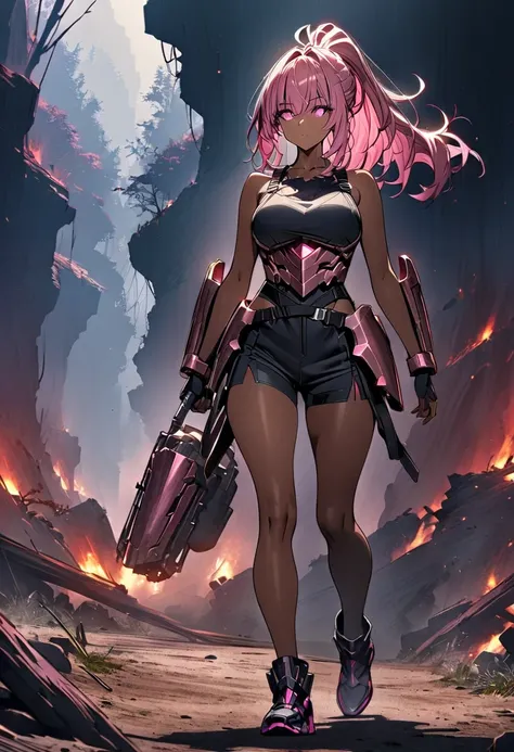 1 woman ,(((high quality))), (((full body))), dark skin, pink hair, ponytail, glowing pink eyes, wearing a rusty armor, walking, looking at the horizon, background a burned forest , 