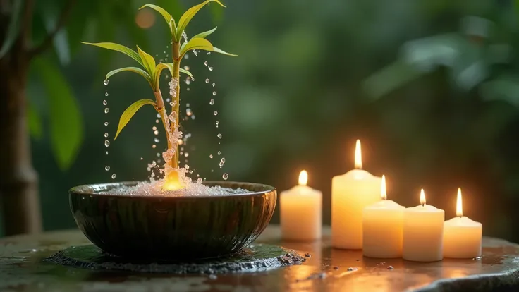 Highest quality、8K、Detailed facial depiction、Masterpiece、Highest quality、Sharp image quality、((close up)), Photo of The fountain comes out of unique bamboo with candles beside it with a blurred background