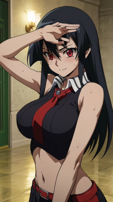 photograph, 」Akame ,  popular on pixiv , アカメが斬るAkame , red eyes,   girl counting money {x} long black hair, wearing a low cut  Crop Top , wearing  Crop Top ,  Crop Top , golden raito, ( winks), big)}], Favorite Scene,  Sex. Anime. skin,  sweaty, Big Breast...