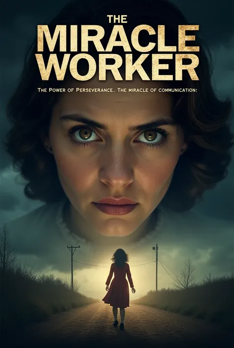 "Design an epic movie poster for The Miracle Worker, capturing the dramatic intensity of Helen Kellers breakthrough moment. The poster features a close-up of Anne Sullivan, fiercely determined, her eyes full of hope and urgency. The background is a stormy,...