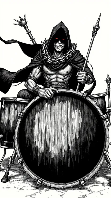 
Create a manga about a rebellious grim reaper named Kaito, who plays a drums with an angry expression. He wears a spiked chain around his neck and uses a fisheye camera angle style reminiscent of Tite Kubo. The story blends action and horror, focusing on ...