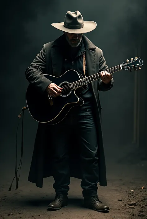 Cowboy in dark clothes playing black guitar 