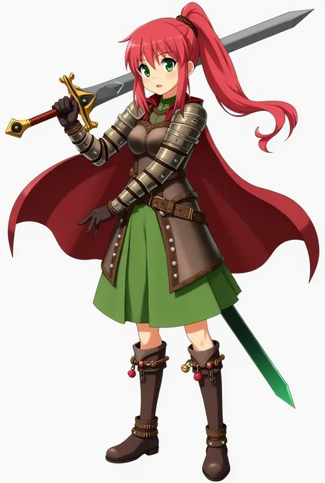 Anime art of a young woman with red hair in a ponytail. She has green eyes and is wearing studded leather armor, brown gloves, and a red cape. She has a green tunic skirt and brown boots. She is wielding a sword with an emerald blade. 