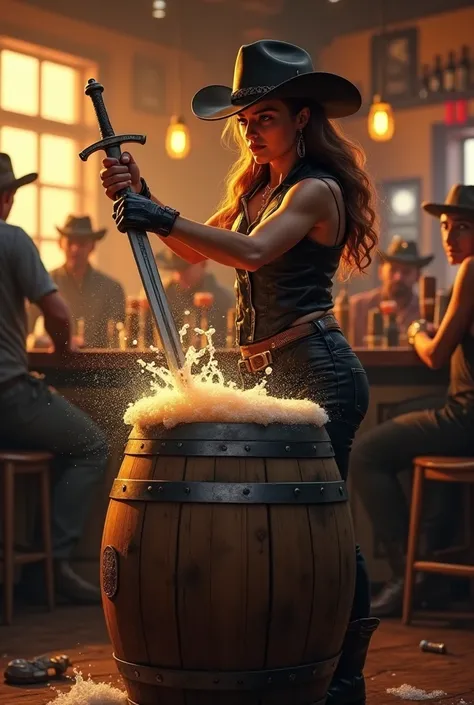 The cowgirl wearing a fedora hat, black leather vest and black leather trousers stabs the sword she is holding in her hand into the beer barrel. Beer gushes out of the beer barrel and foamy beer spills everywhere in the crowded bar, everyone looking this b...