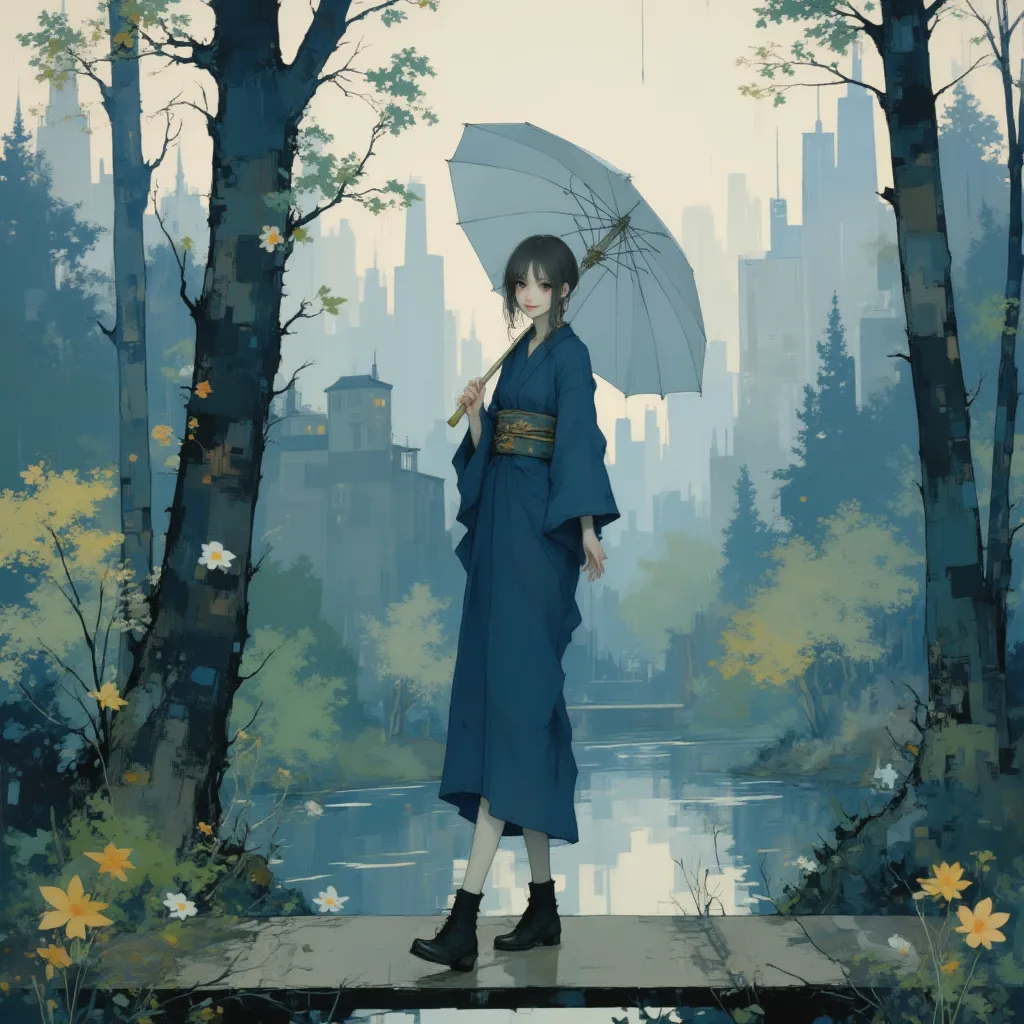 a minimalist cartoon illustration of a young asian woman ,autumn，great forest，small wooden bridge，severe rainy and stormy scene,...