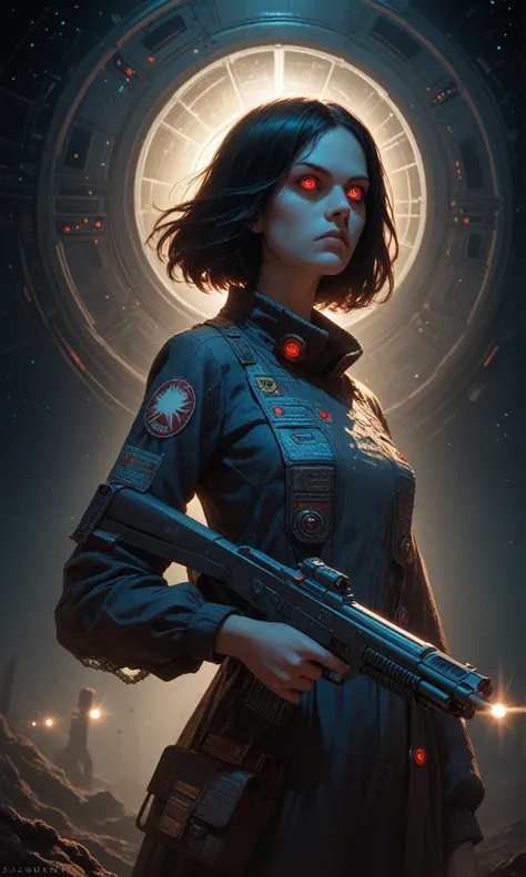 (grainy:0.5), cinematographic,girl, space, Serious, detailed eyes, detailed face, Detailed futuristic clothing, lights on clothes, (aiming gun:1.1), (Concealment:1.1), (trespass, looking to the side:1.1), volumetric lighting, Isolation, horror, dark lighti...