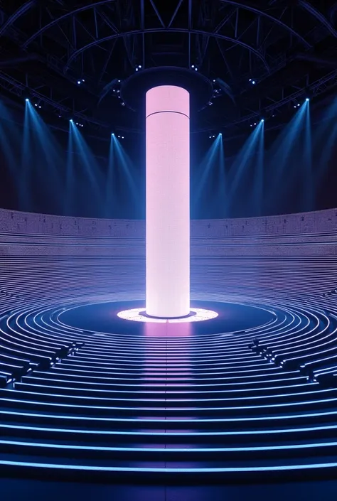 A stage . Circle diameter 80 meters .  Consisting of horizontal LED bars .  In the middle of the circle an LED screen as an upright cylinder with a diameter of 30 meters 