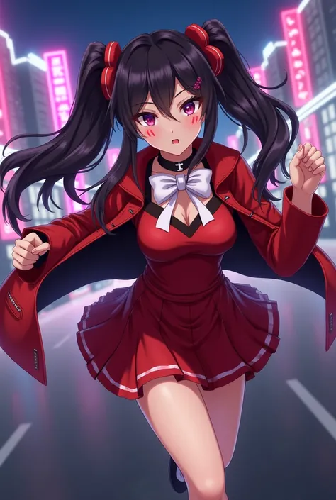 masterpiece,  is of the best quality,,  Maruzinski (Uma Musume),,  red black color, Red Jacket, Pleated Skirt,  red dress , Long sleeve, choker,  red shirt , Open the jacket ,  white bow , Open clothes,  High heel boots , Asphalt Road , running, Eye marks ...