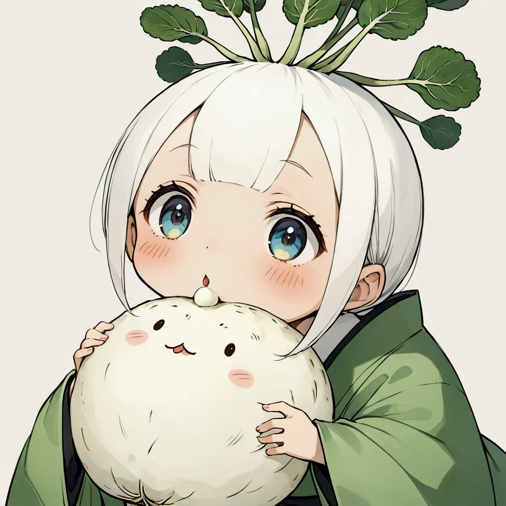 (Japanese white radish:Eyes and mouth:limbs:white),ゆるきゃらにデフォルメされたJapanese white radish,Japanese white radishの頭には緑の葉っぱが生えています