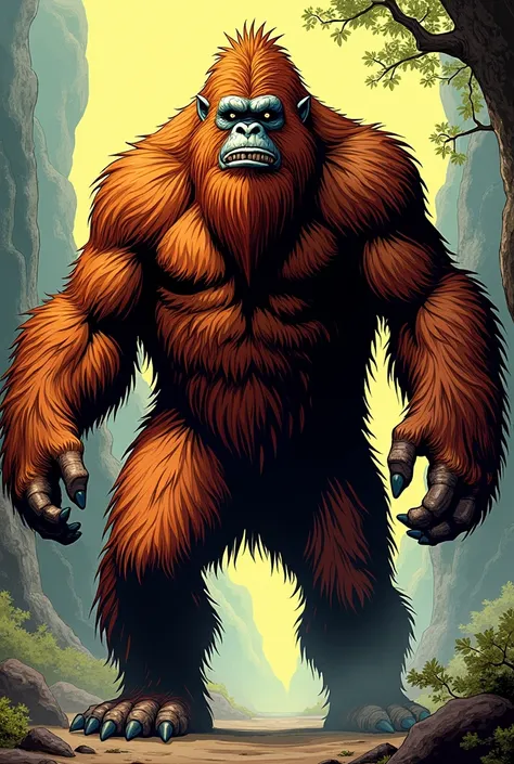  Now generate an image of a big, furry monster, His hair is extremely long ,
  so many to hide your entire face from your face ,  the color of his enormous fur is orange-brown and he is built stronger and thinner.  He is almost a mix of orangutan with a bi...