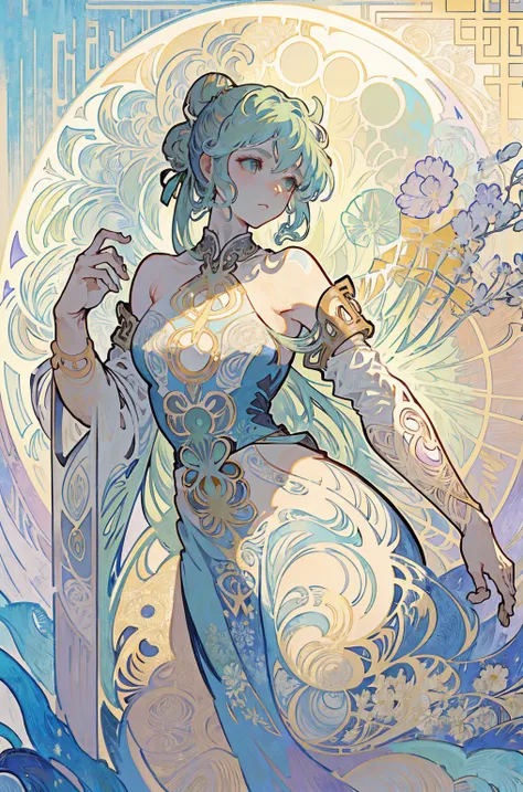 ( Alphonse Mucha: 1.4), Facial portrait of a European beauty, Dance, Long hair, blue and green gradient hair decoration, (: 2), (Details +intricate details: 1.2), 4K, Abstract art, Body proportional,  line art , side face, color, Fibonacci, An ancient Chin...