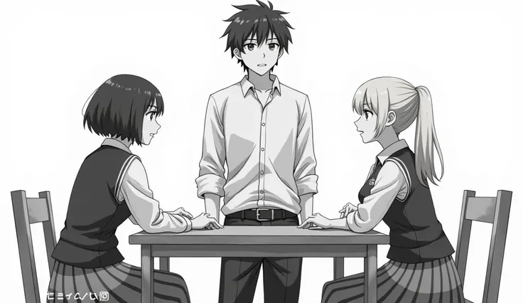 This is a Japanese-style 2D illustration. .  Three students dressed at the same school who appear to be high school students are sitting at a table.  The middle student is a male student, a tall young boy, and his gaze is looking ahead .  the remaining stu...