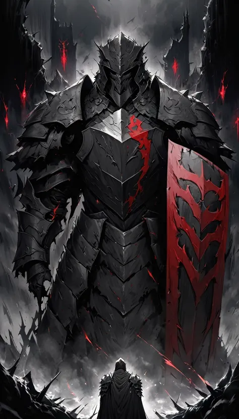 a dramatic dark poster,  focus on half body shot, close up shot, A lone emperor knight stands defiantly, clad in battle-worn heavy black plate armor, bog shoulder armor, scarred and marred by the chaos of countless battles. He grips a massive shield bearin...