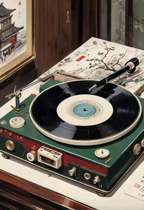 Vintage Record Player, by Wu Guanzhong.
best quality, masterpiece, intricate details, ultra-detailed