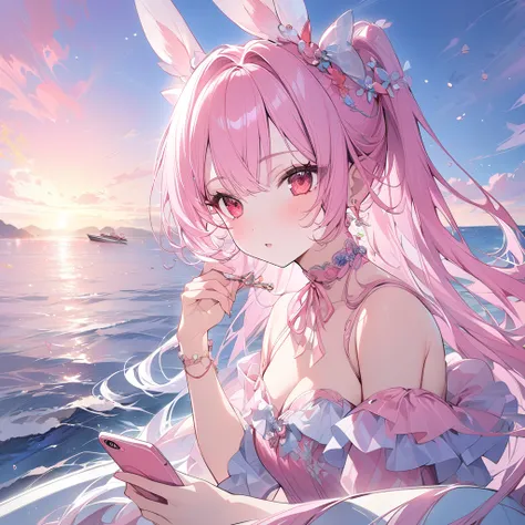 , beautiful angel々）, sexy beautiful, ribbons shaped choker, (masterpiece, highest quality), official art, beautiful and aesthetic: 1.2), (1 girl), very detailed, (speed boat in the sea art: 1.3), pink blue colorful, pink ponytail long hair、red eyes, rabbit...