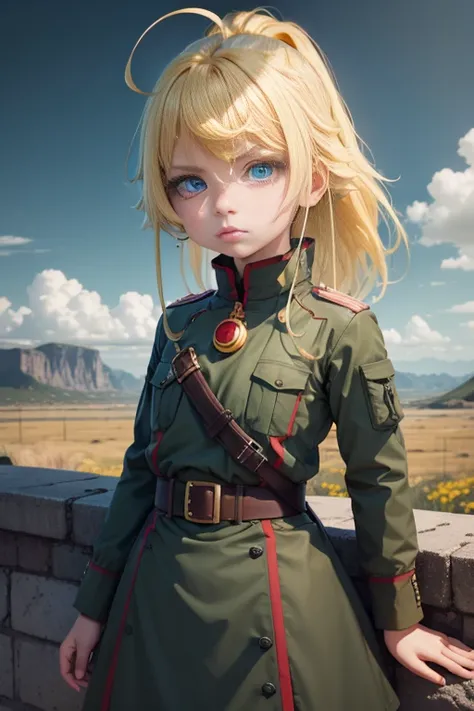 more_details:-1, more_details:0, more_details:0.5, more_details:1, more_details:1.5, serious look,girl, blue eyes, yellow hair, green military uniform, tears, arms down, full growth, landscape, red cheeks, empty head, sadness 