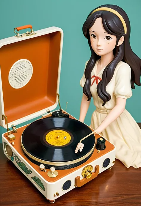 Vintage Record Player, girl, by Studio Ghibli Style, Ghibli color, Miyazaki Hayao style.
best quality, masterpiece, intricate details, ultra-detailed