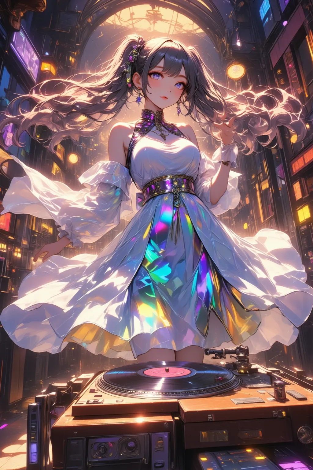 ( best quality, very detailed depiction, Incredible Hi-Res,High quality anime drawings), vintage record player, dancehall ,Woman dancing in a dress ,