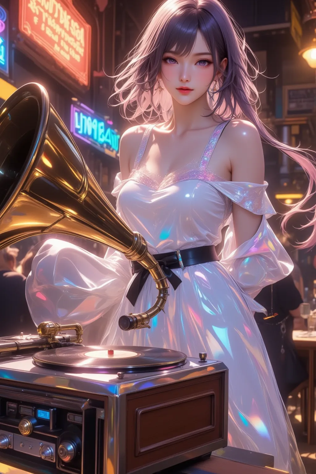 ( best quality, very detailed depiction, Incredible Hi-Res,High quality anime drawings), vintage record player, dancehall ,Woman dancing in a dress ,