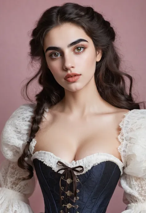 A beautiful women of contradiction. Plush kissable lips, thick hairy unibrow, big eyes. square jaw chiseled jaw, large nose, sharp nose. Whalebone-corset, long flowing lacey skirt.