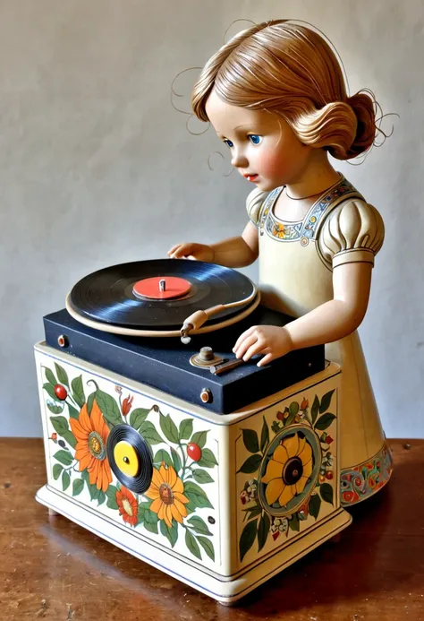 Vintage Record Player, girl, by Elsa Beskow.
best quality, masterpiece, intricate details, ultra-detailed