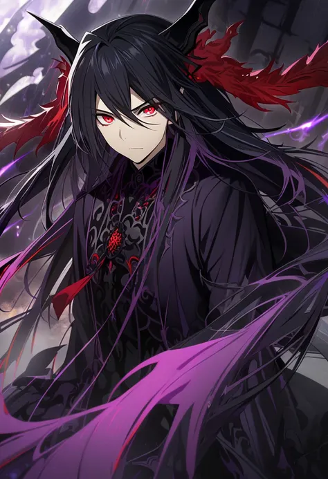 1boy, black hair, long hair, red eyes, black-purple clothes, male, chinese-dragon horns, CG