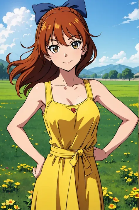 masterpiece, best quality, 1girl, solo, girls und panzer, assam, hair bow, medium breasts, eye focus, looking at viewer, upper body, outdoors, yellow dress, sleeveless, collarbone, hand on own hip, smile, mouth open, blue sky, sunlight