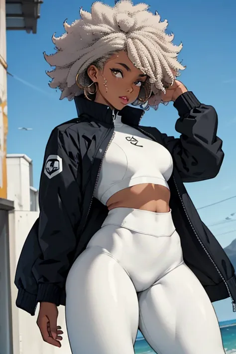  black woman ,  thick thighs ,  small breasts, afro hair, White leggings, of coasts,  jacket focus