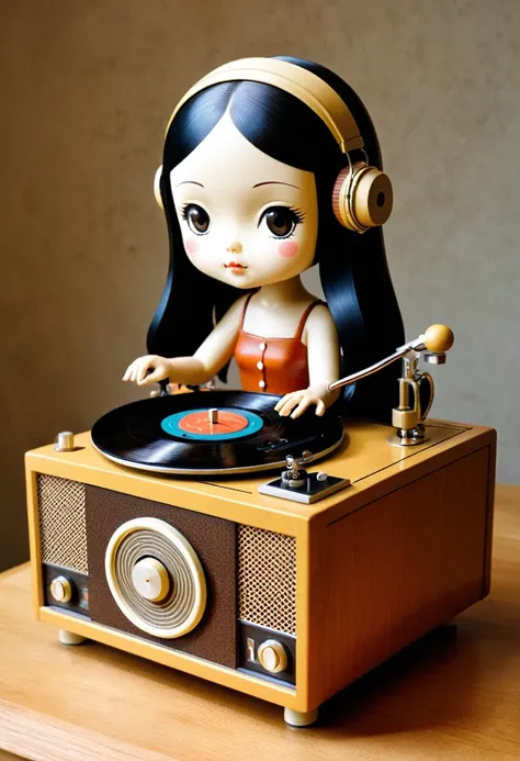 Vintage Record Player, girl, by Yoshitomo Nara.
best quality, masterpiece, intricate details, ultra-detailed