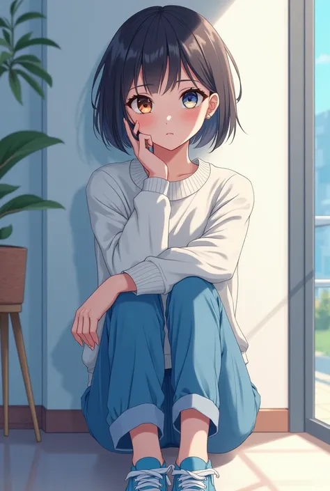  Young woman with blue left eye and right eye brown heterochromia,  short straight hair with white sweater and denim pants , blue sneakers  ,  anime style,  full body 