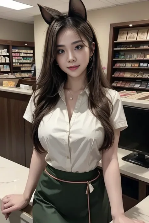 ((best quality)), ((masterpiece)), (detailed), perfect face, pretty face, beautiful female, beautiful body, e cup breast, cashier, minimarket cashier, cashier uniform, blouse, apron, mini skirt, perfect body, Stand behind the cashiers desk, head accessorie...