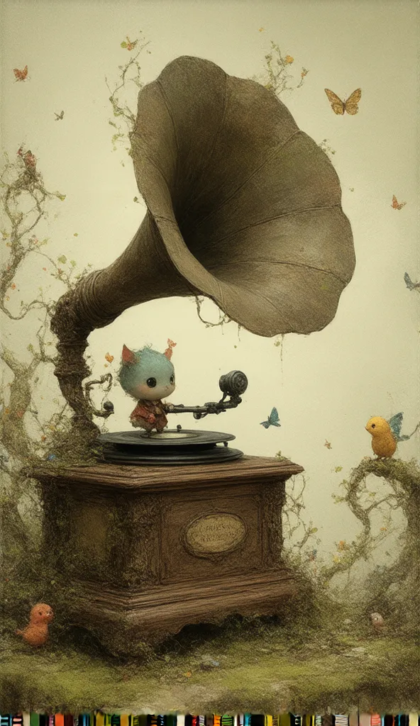 a mixture of realistic environment and cartoony creatures. a realistic gramophone, with tiny cartoon people living on it. the environment is fantasy and cute, as found in ren's book.