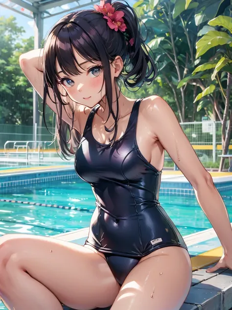 A  girl, black ponytail, poolside,  (baggy one-piece swimsuit, school swimsuit:1.4), (soaking wet swimsuit), armpit, sitting, spreading legs, Chubby body, blushing face, embarrassing face, 