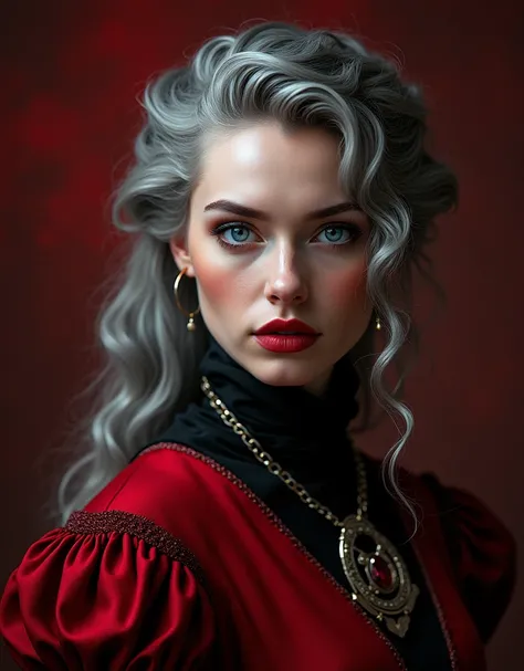 make a cover for a book the red and black duchess just the letters of the duchess but with gray hair and blue eyes 