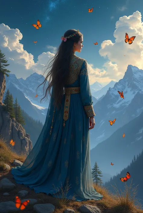 Generate an image from back side of a girl wearing fancy decent arabic suit that covers arms and back and long beautiful hairs  with mountains and colourful butterflies in background and make the size of butterflies realistic and small and beautiful clouds...