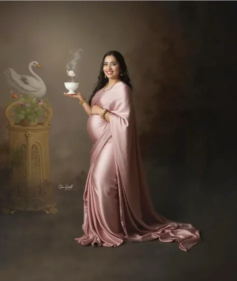 a pregnant woman in a pink dress holding a cup of coffee, a photorealistic painting inspired by Raja Ravi Varma, trending on cg society, art photography, satin, stunning photoshot, pregnancy, maternal photography 4 k, pregnant, full body photoshoot, though...