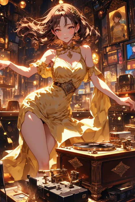 ( best quality, very detailed depiction, Incredible Hi-Res,High quality anime drawings), vintage record player, dancehall ,Woman dancing in a dress ,