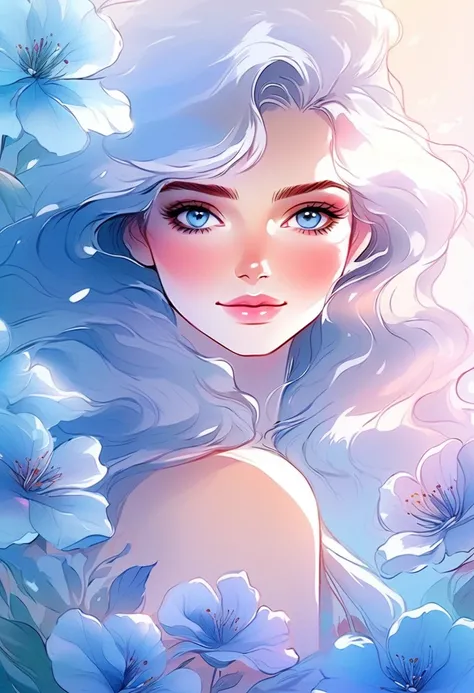 Anime style，illustrator, (Transparent watercolor), Woman and flowers photography，Portrait of a woman seductive smile, detailed face, beautiful eyes, detailed lips, pale skin, abstract，Background solid color，Light blue gradient，Low saturation，Characters are...