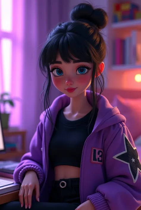 create a pixar character.a young 18 year old girl ,with blue eyes,cute pink lips,long black hair tied up into  a beautiful messy bun,wearing a black croptop,black trouser,cute giant purple
 jacket with star graphics,sitting at here study desk in here dark ...