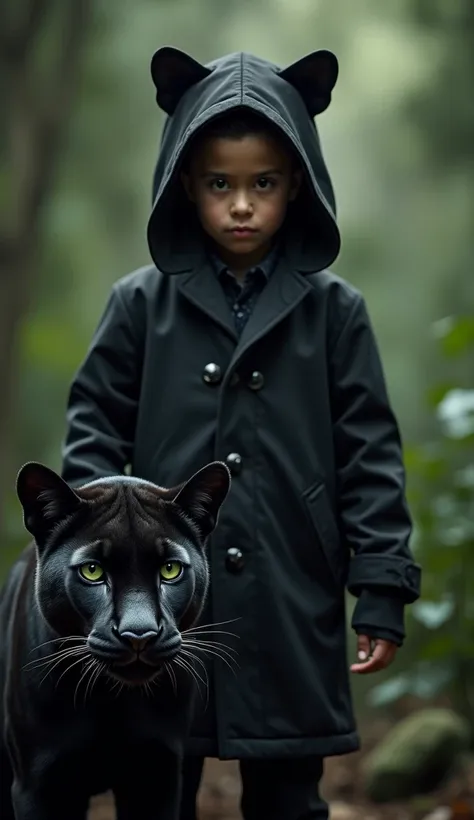 A hyper-realistic image of a small  dressed in a sleek black coat with a hood featuring small cat ears, standing confidently next to a stealthy black panther. The  has a mysterious and fearless expression, and the panther, with glossy fur and piercing gree...