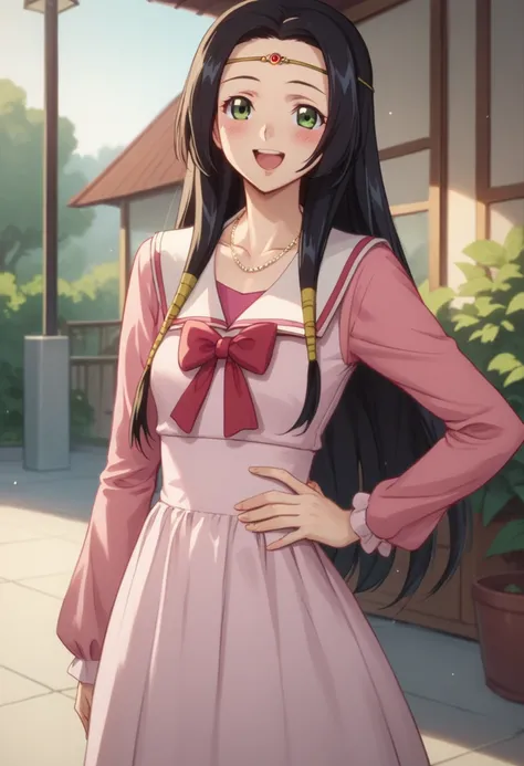 score 9, score 8 up, score 7 up, kaguya, happy, blush, shiny skin, blush, 1girl, solo,  long hair, black hair, standing, living room, pink dress, collarbone, long sleeves, outdoors, necklace, jewery, hand on hip, v, 