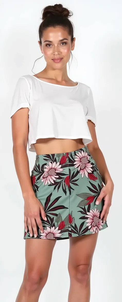 a woman in a white top and a floral skirt posing for a photo,  with ripped shirt ,  wearing a cropped blouse s,  wearing a cropped blouse , wearing a crop top, white shirt and green skirt, usando um top cropped sexy,  wearing cropped top , crop top, cropto...